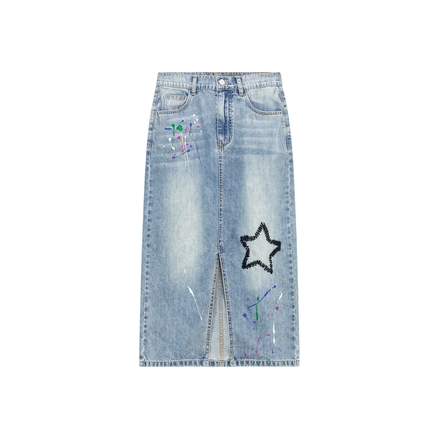 CHUU Star Denim Long Slit Skirt