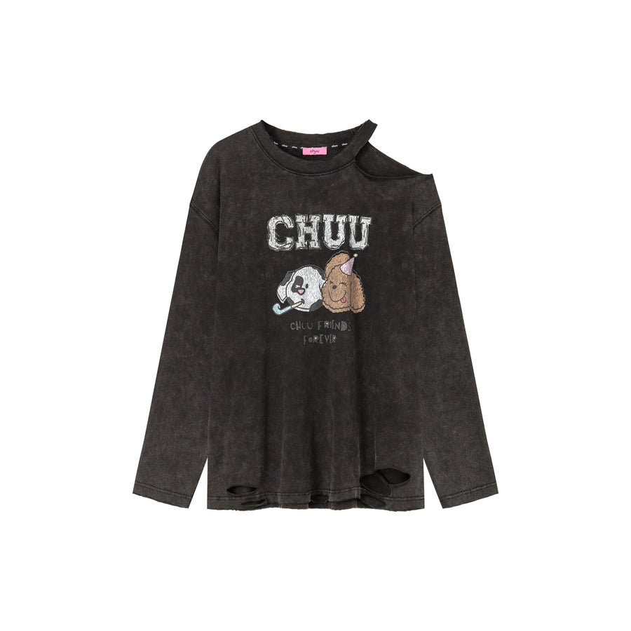 CHUU Puppy Face Logo One Shoulder Long Sleeve T-Shirt