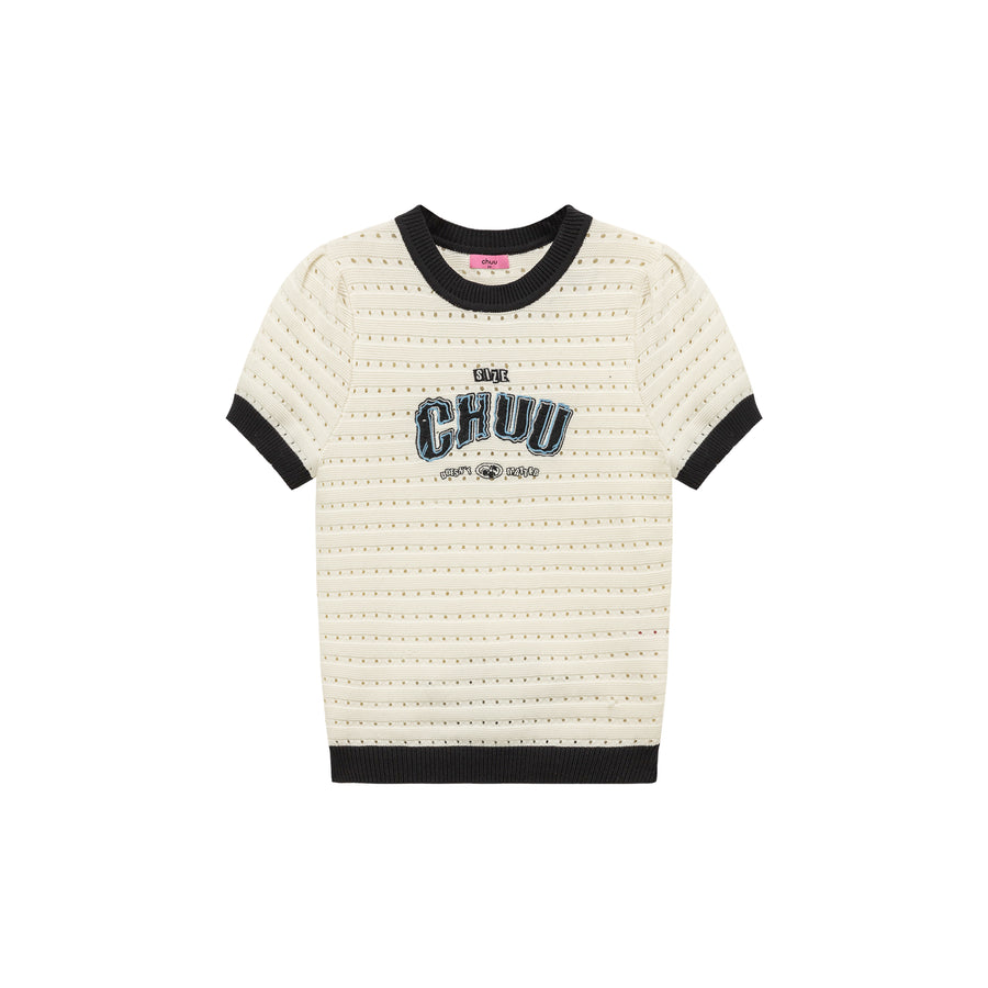 CHUU Size Doesnt Matter Color Hole Pattern Preppy Logo Knit Top