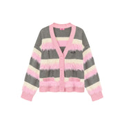 V-Neck Color Combination Stripe Knit Cardigan