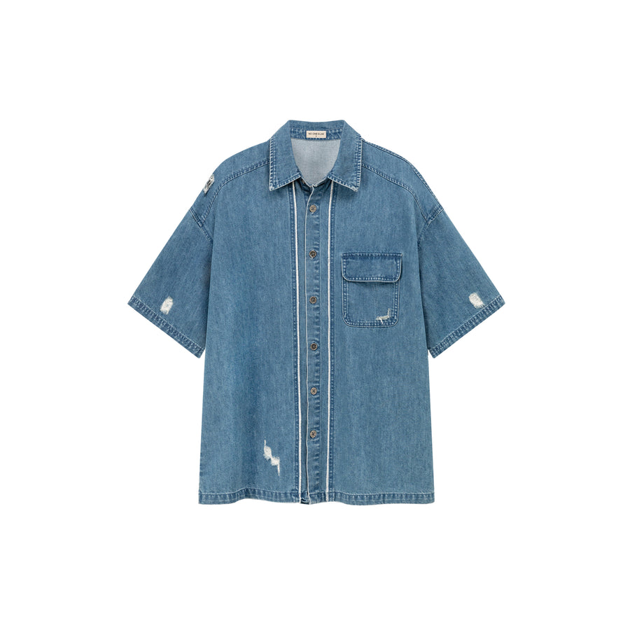 CHUU Distressed Embroidered Denim Short Sleeve Shirt