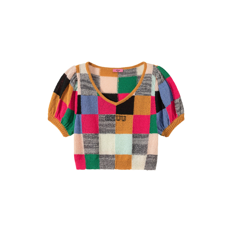 CHUU Color Check Pattern Cropped Knit Top