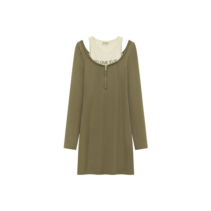 CHUU Logo Layered Zip Up Slim Mini Dress
