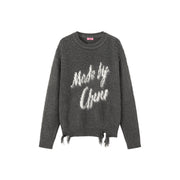 Logo Distressed Lettering Loose Fit Knit Sweater