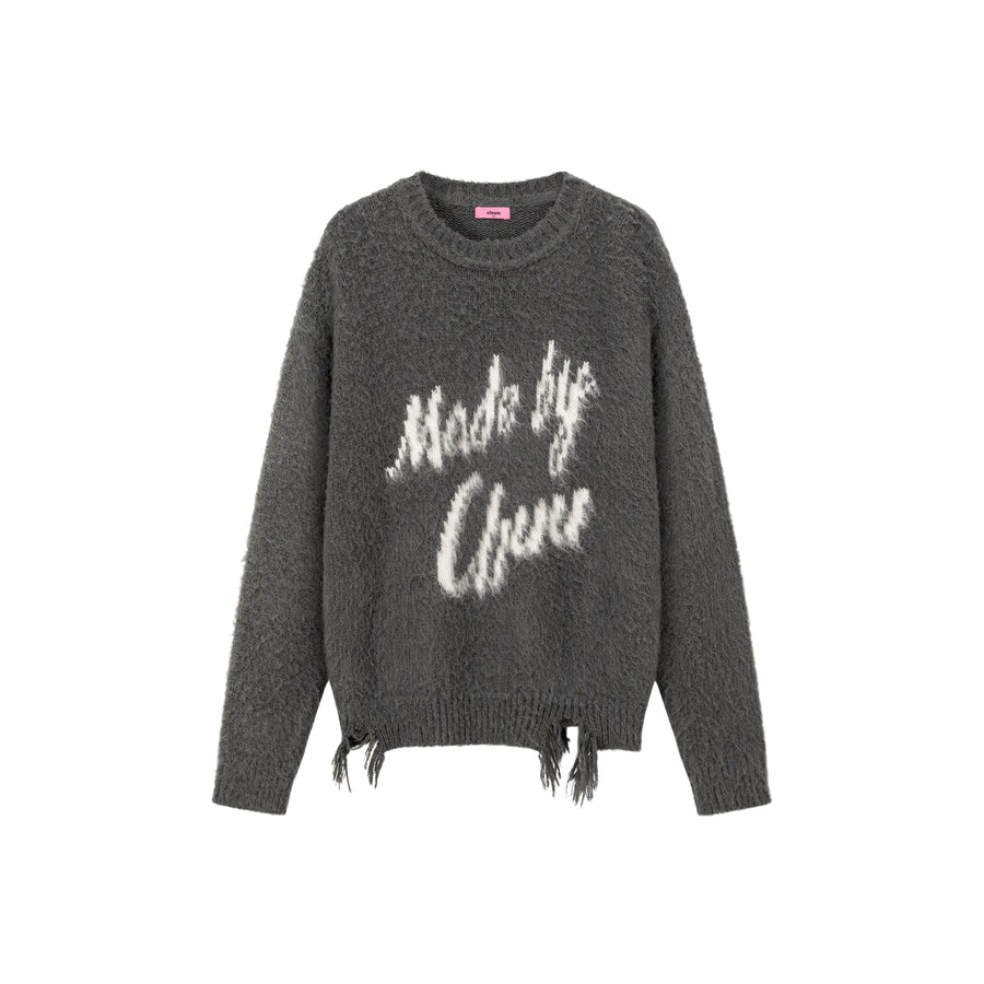 CHUU Logo Distressed Lettering Loose Fit Knit Sweater