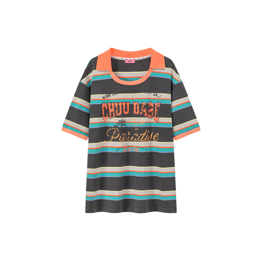 CHUU Chuu Babe Color Neck Line Stripe Loose Fit T-Shirt