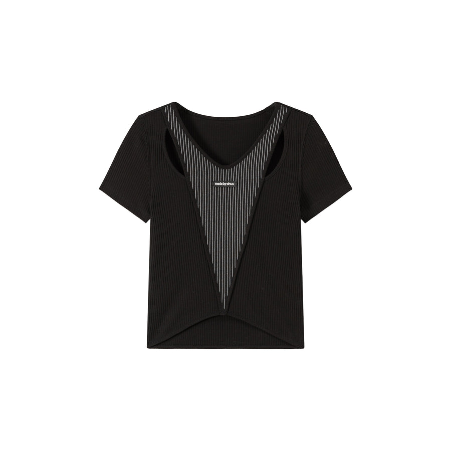 CHUU Slit Ribbed Center Stripes T-Shirt