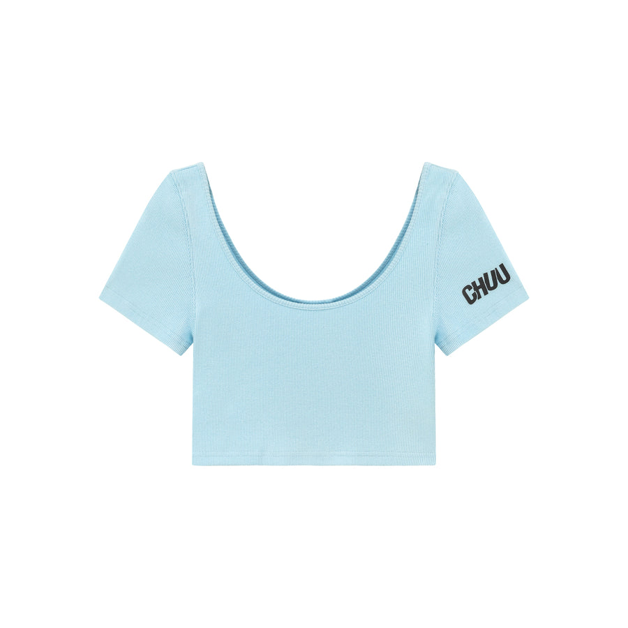 CHUU Chuu Sleeve Lettering Big U Neck Crop T-Shirt