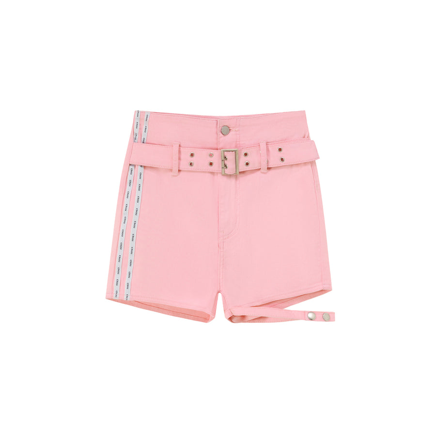 CHUU Slim Belted Leg Slit Denim Shorts