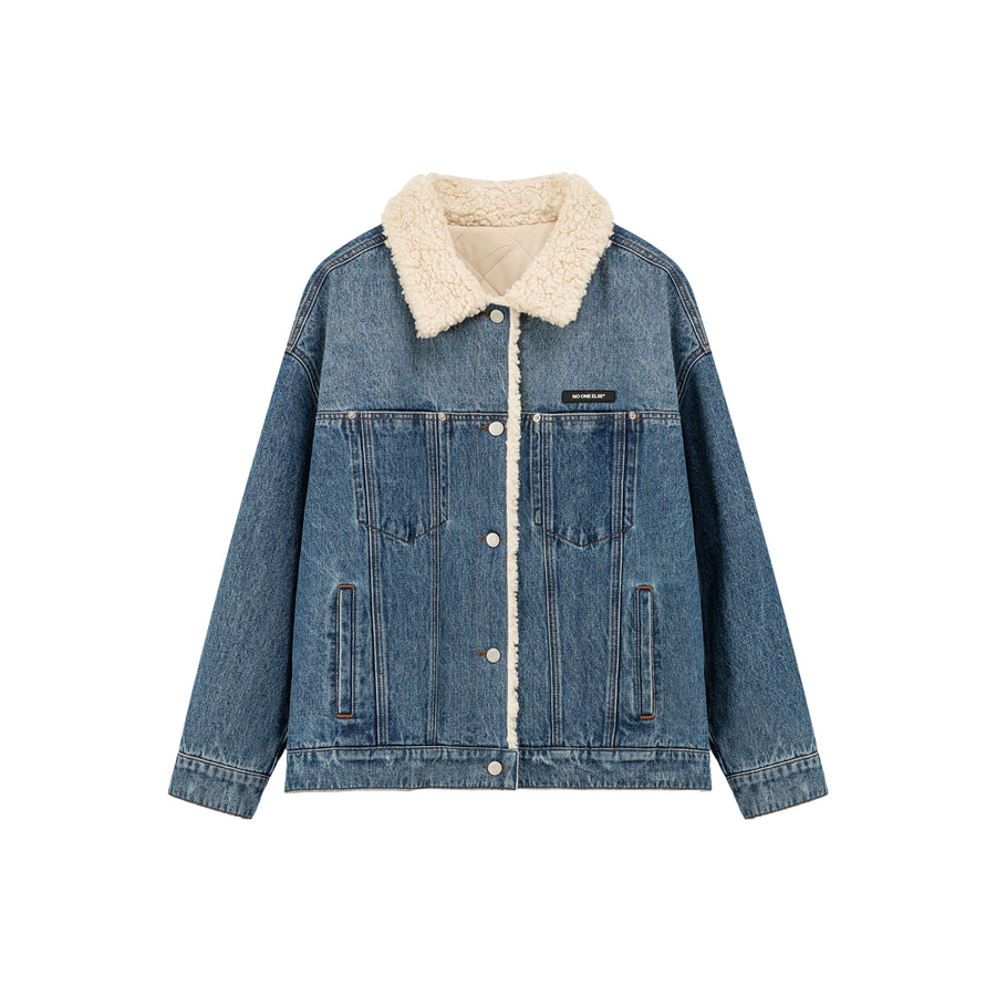 CHUU Fluffy Collar Denim Jacket