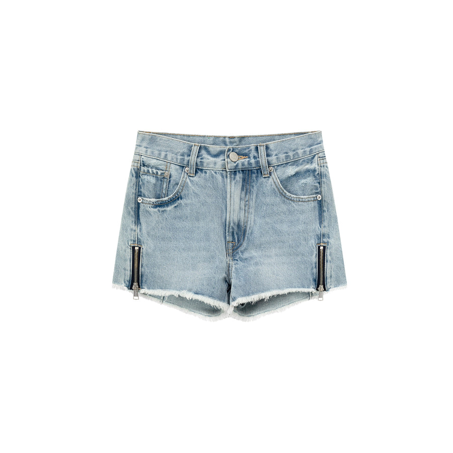 CHUU Fringed Hem Side Zippers Denim Shorts