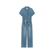 String Embroidered Denim Jumpsuit