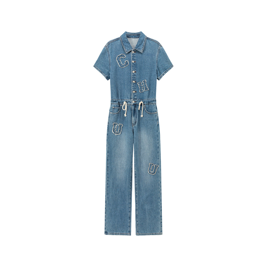 CHUU String Embroidered Denim Jumpsuit