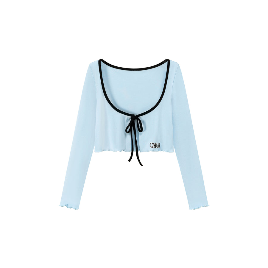 CHUU Ruffled Hem Ribbon Long Sleeve Cardigan