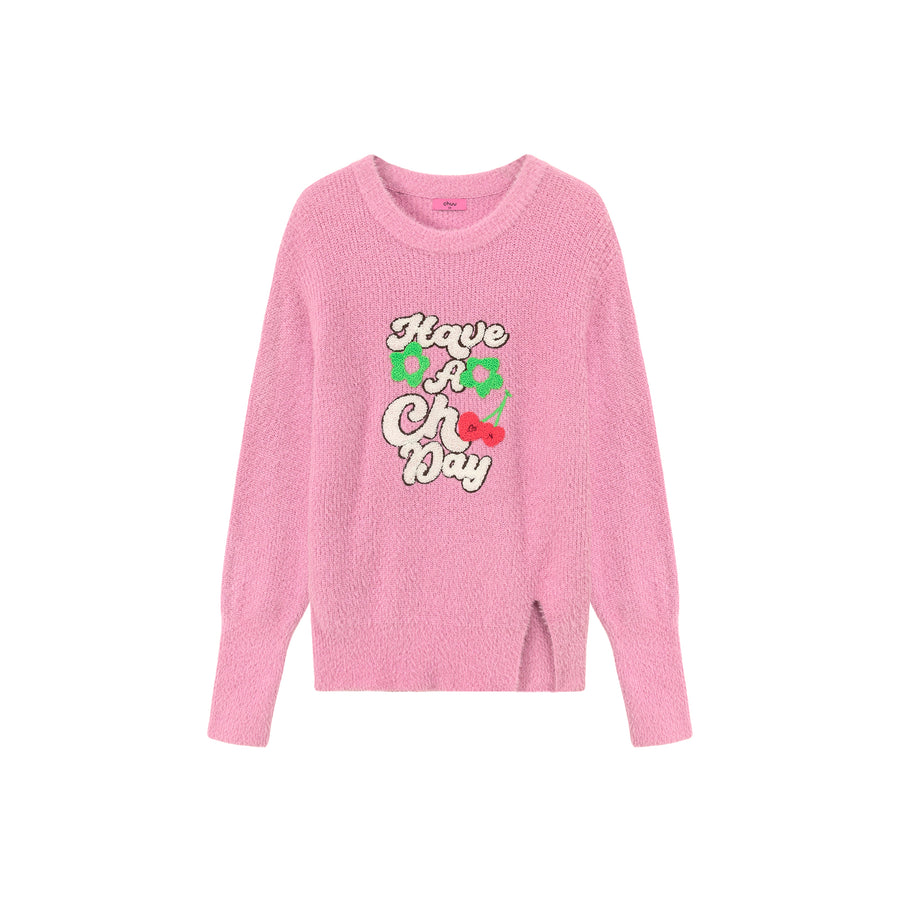 CHUU Have A Chuu Day Slit Lettering Knit Sweater