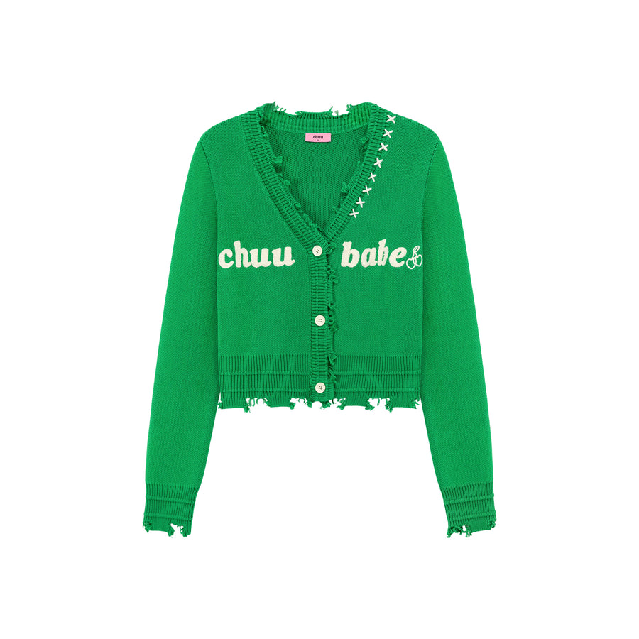 CHUU Logo Distressed Colored Knit Cardigan