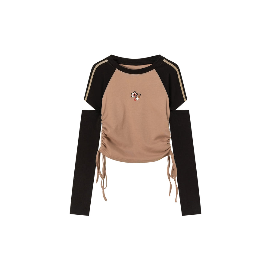 CHUU Star Logo Cutout Shirring Waist Long Sleeves Top