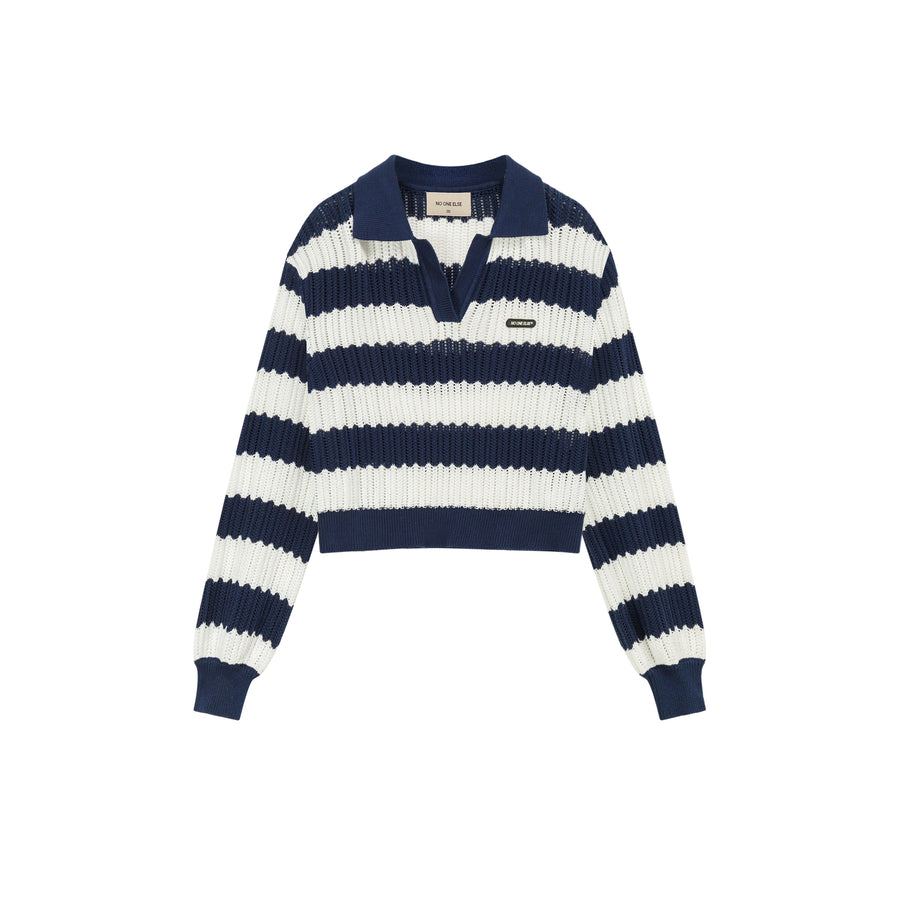 CHUU Color Combination Stripe Open Collar Knit Sweater