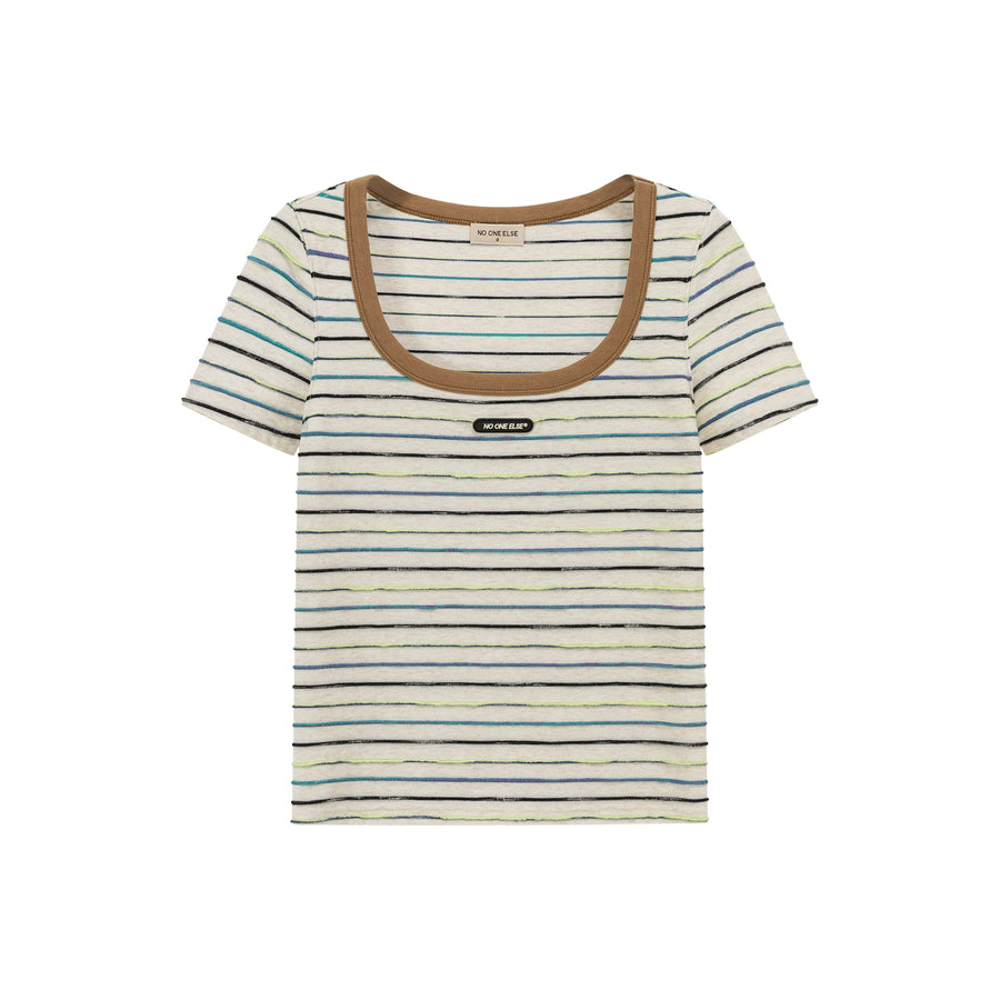 CHUU Simple Slim U-Neck Striped T-Shirt