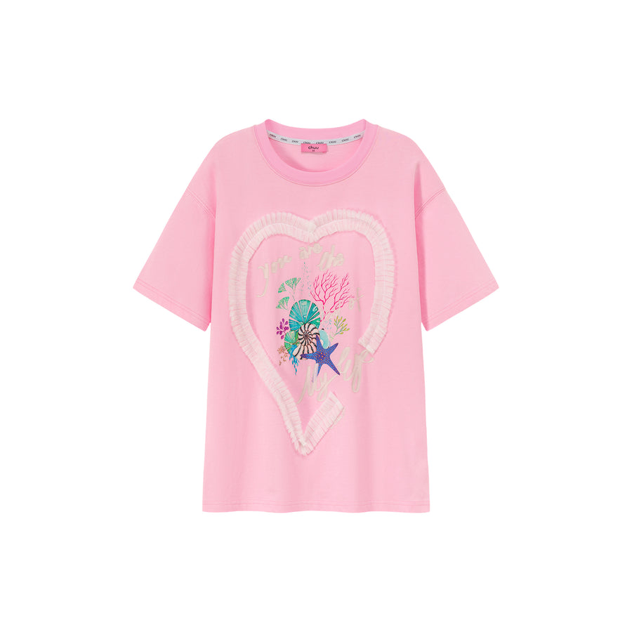 CHUU Ruffle Heart Printed Loose Fit T-Shirt