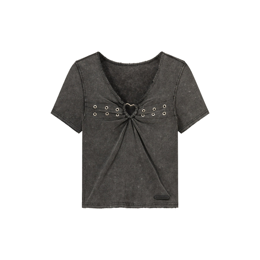 CHUU Metal Heart Keyhole Short Sleeve Top