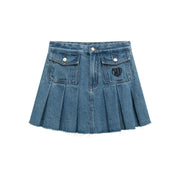 Raw Edge Pocket Denim Pleated Mini Skirt