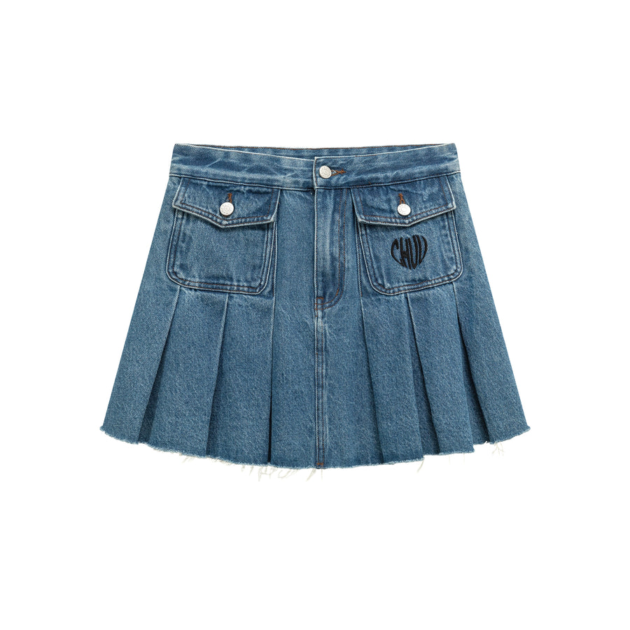 CHUU Raw Edge Pocket Denim Pleated Mini Skirt