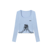 Ruffle Bow Lace Up Logo Slim Cropped T-Shirt