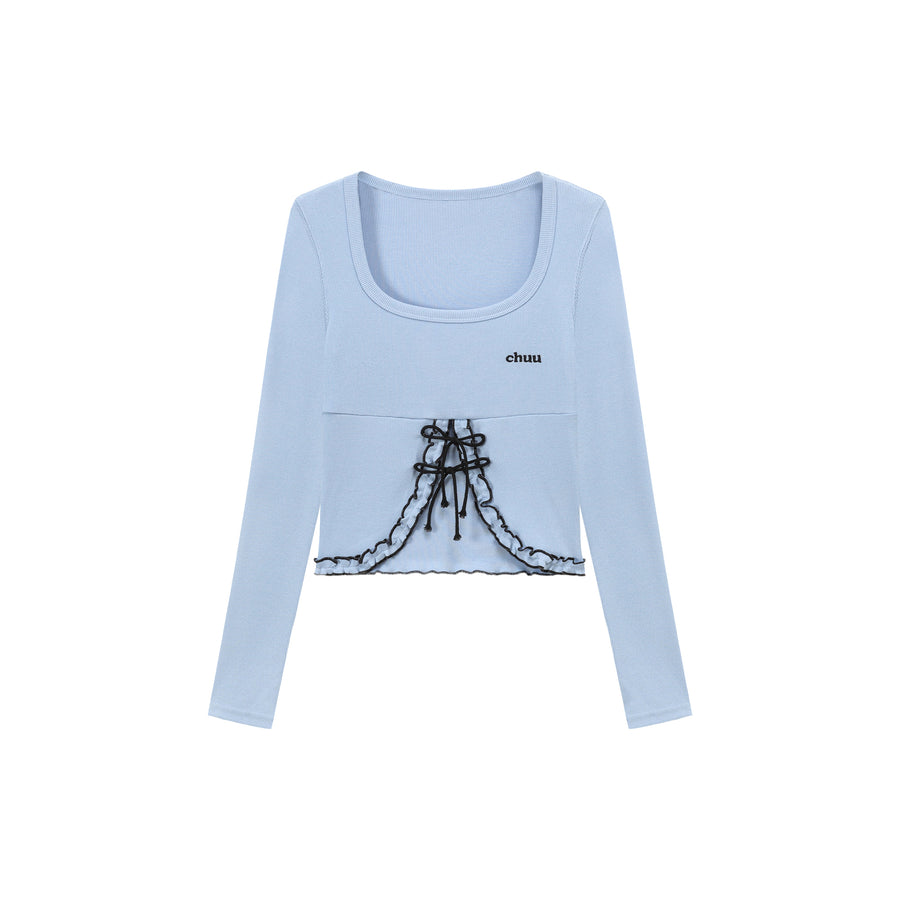 CHUU Ruffle Bow Lace Up Logo Slim Cropped T-Shirt