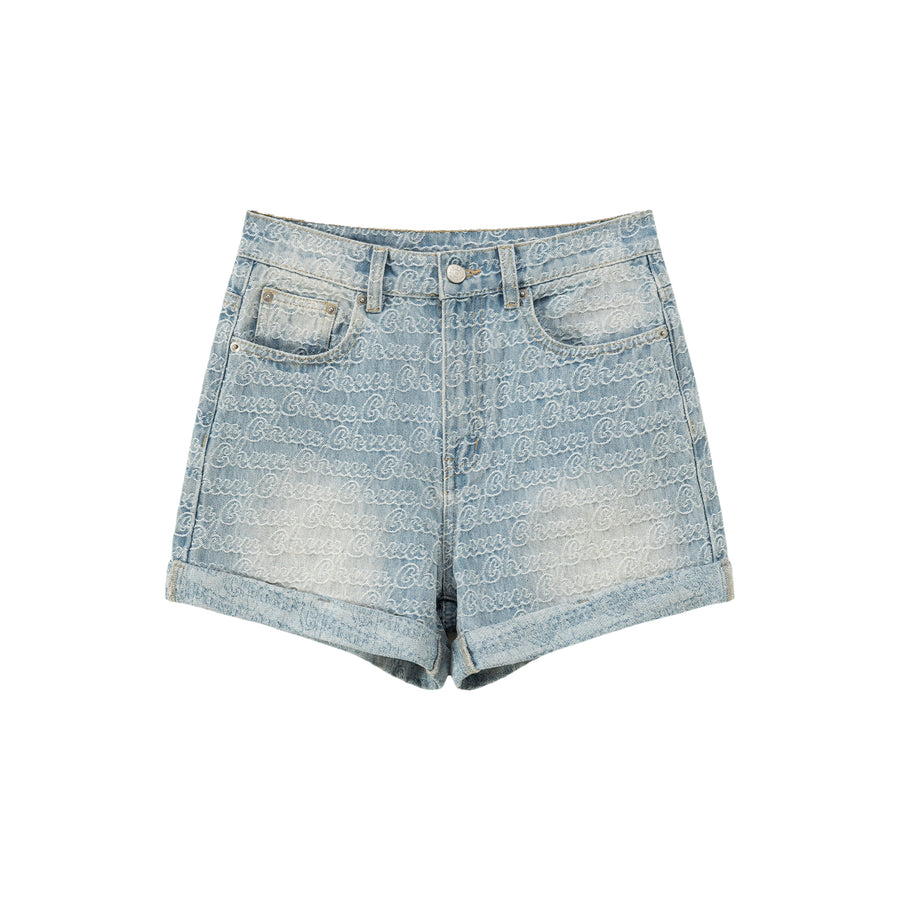 CHUU Chuu Lettering Pattern Rolled Denim Shorts