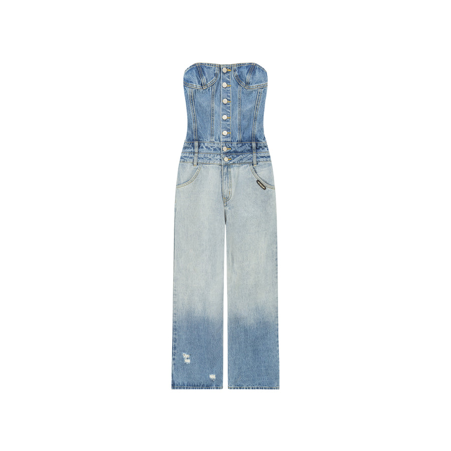 CHUU Tube Top Multi Buttons Denim Jumpsuit