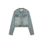 Neck Button Washed Denim Jacket