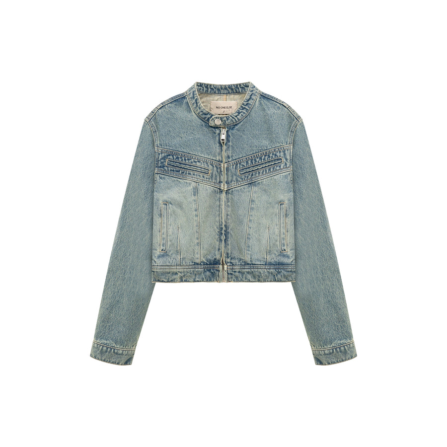 CHUU Neck Button Washed Denim Jacket