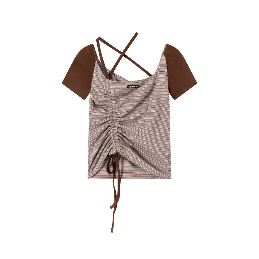 CHUU Asymmetrical Halter Neck String Striped Shirring T-Shirt