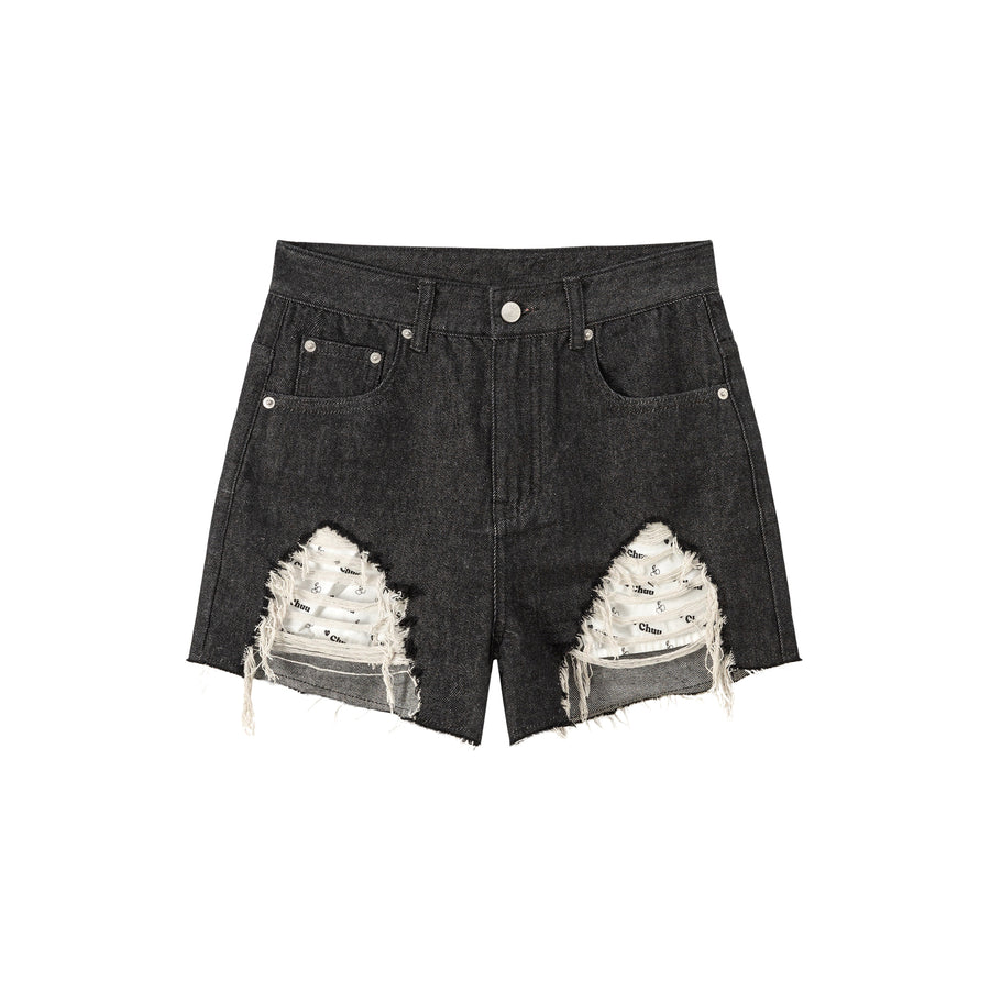 CHUU Exposed Logo Pocket Liner Distressed Denim Shorts