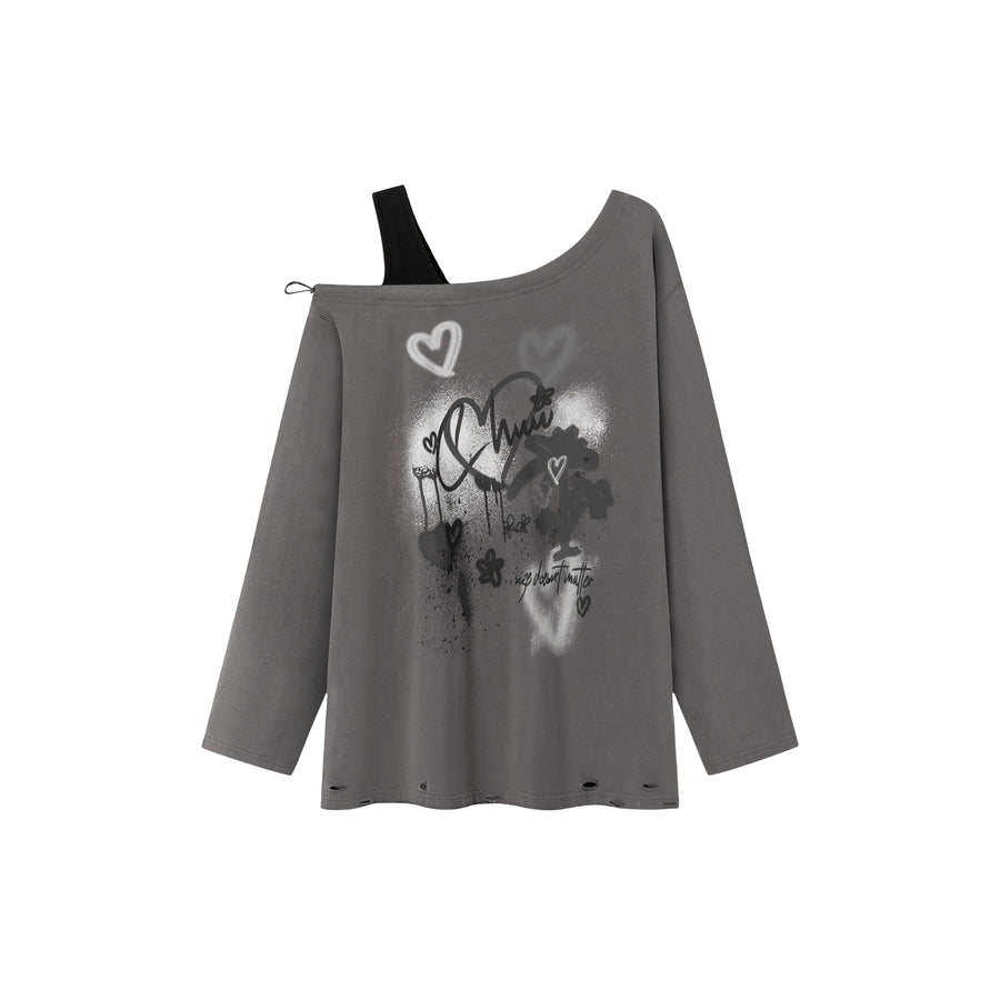 CHUU Heart Logo One Shoulder Long Sleeve T-Shirt