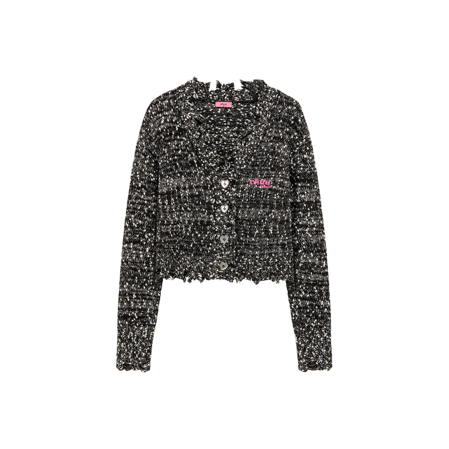 CHUU Heart Button Distressed Knit Cardigan