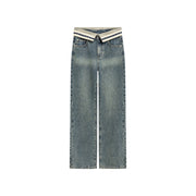 Color Matching Folded Waist Wide Denim Jeans