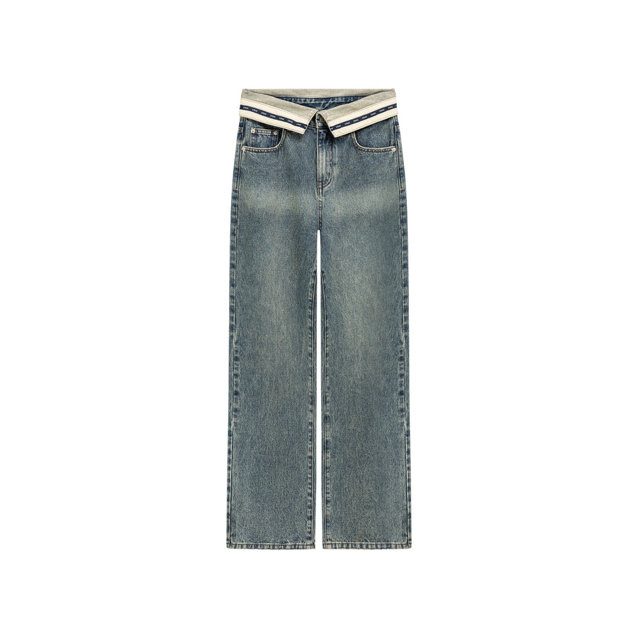 CHUU Color Matching Folded Waist Wide Denim Jeans