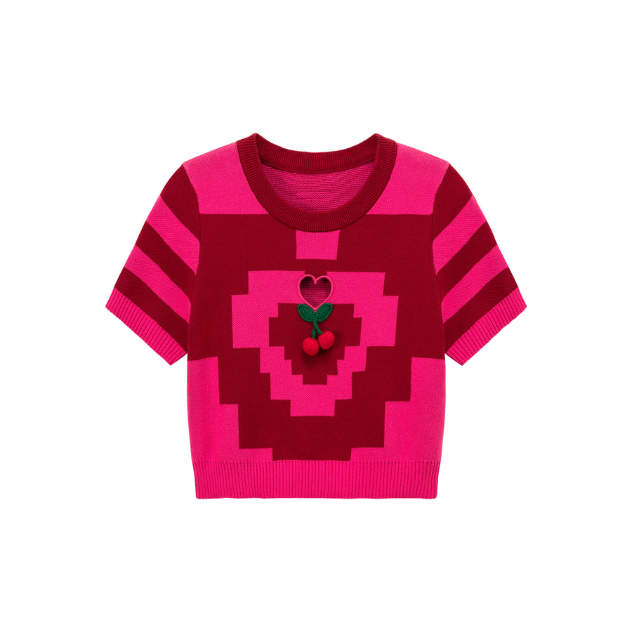 CHUU Pixel Pattern Heart Cutout Color Knit Sweater