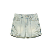 Side Shirred High Waisted Denim Shorts