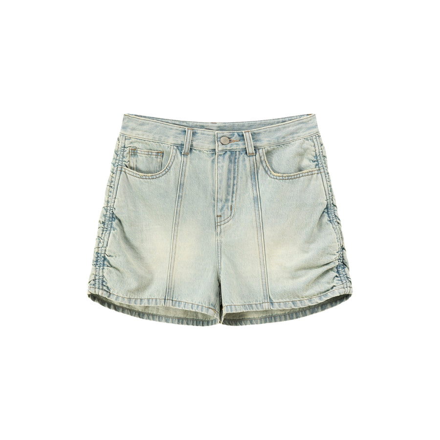 CHUU Side Shirred High Waisted Denim Shorts