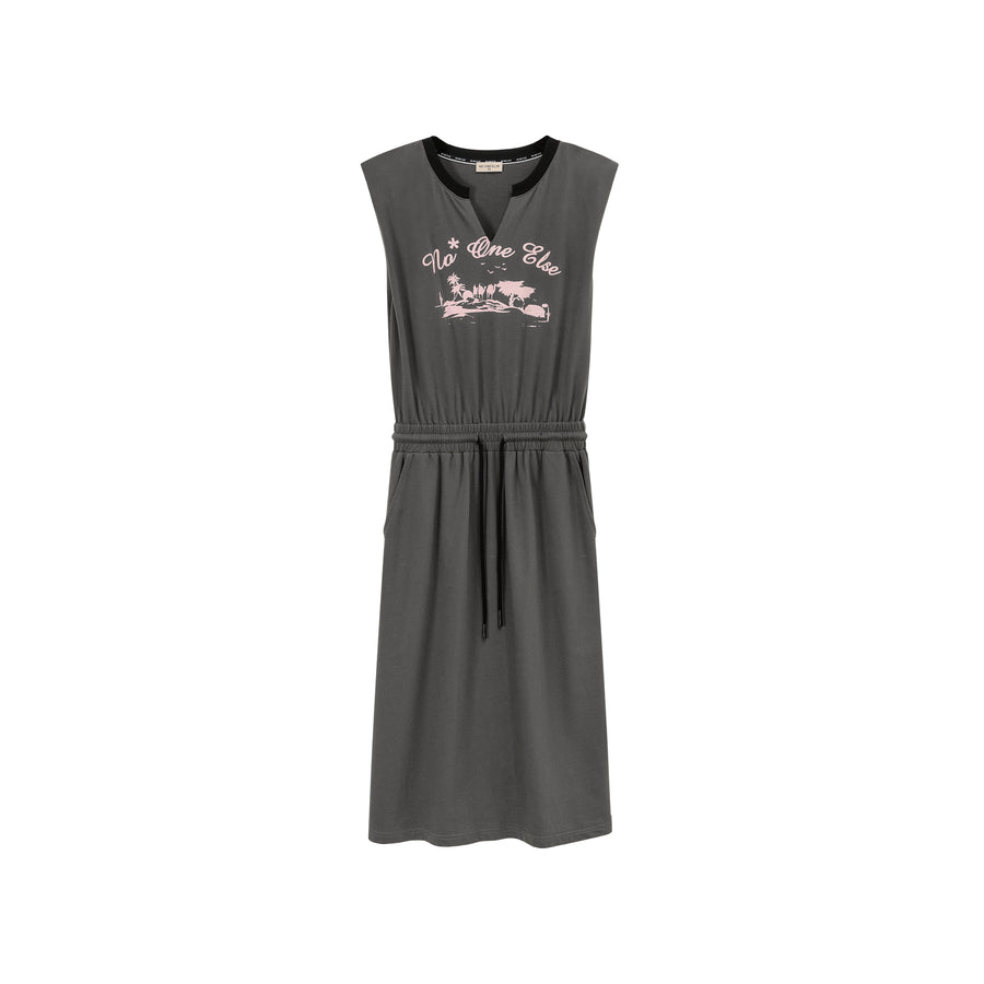 CHUU Printed Elastic Waist Drawstring Mid-Length Sleeveless Dress