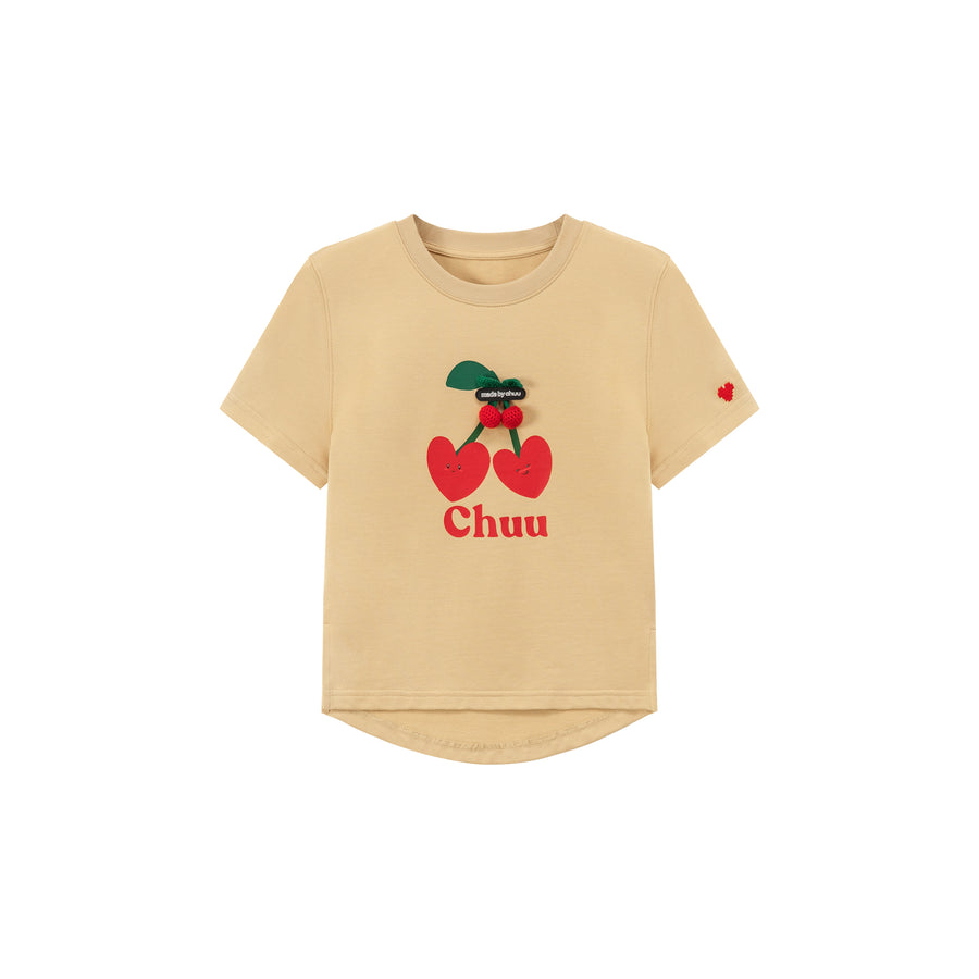 CHUU Logo Heart Cherry Printed Slit Short Sleeve T-Shirt