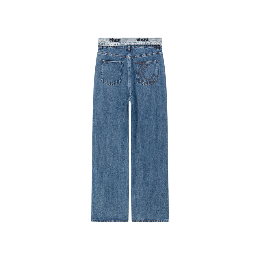 CHUU Logo Folded Waist Straight Denim Jeans