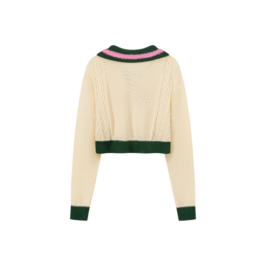 CHUU Logo Open Collar Crop Knit Sweater