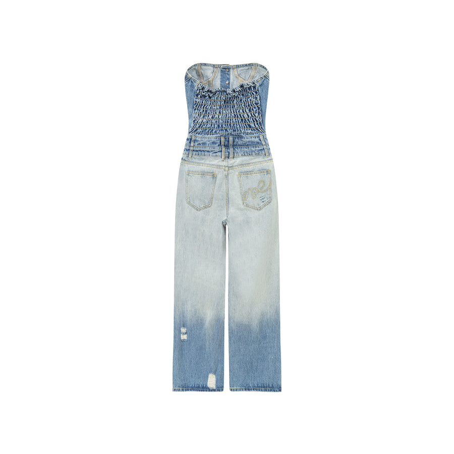 CHUU Tube Top Multi Buttons Denim Jumpsuit