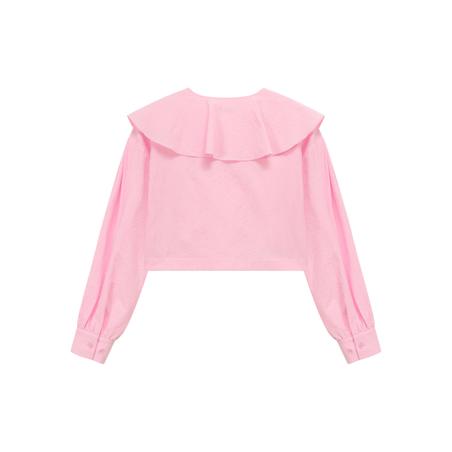 CHUU Asymmetrical Frill Big Collar Semi Crop Top