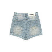 Chuu Lettering Pattern Rolled Denim Shorts