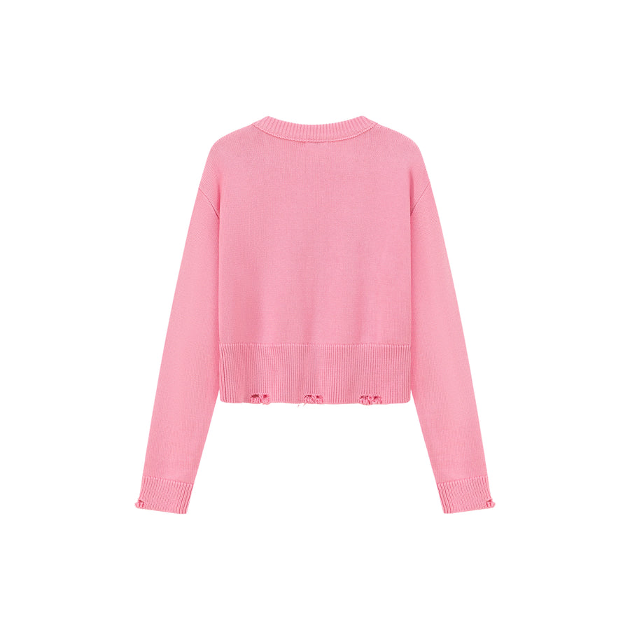 CHUU Distressed Lettering Crop Knit Sweater